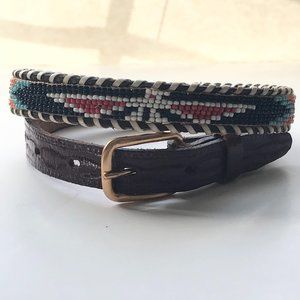 Vintage Southwestern Thunderbird Beaded Leather Brown Belt Sz 28 S Aztec Tooled